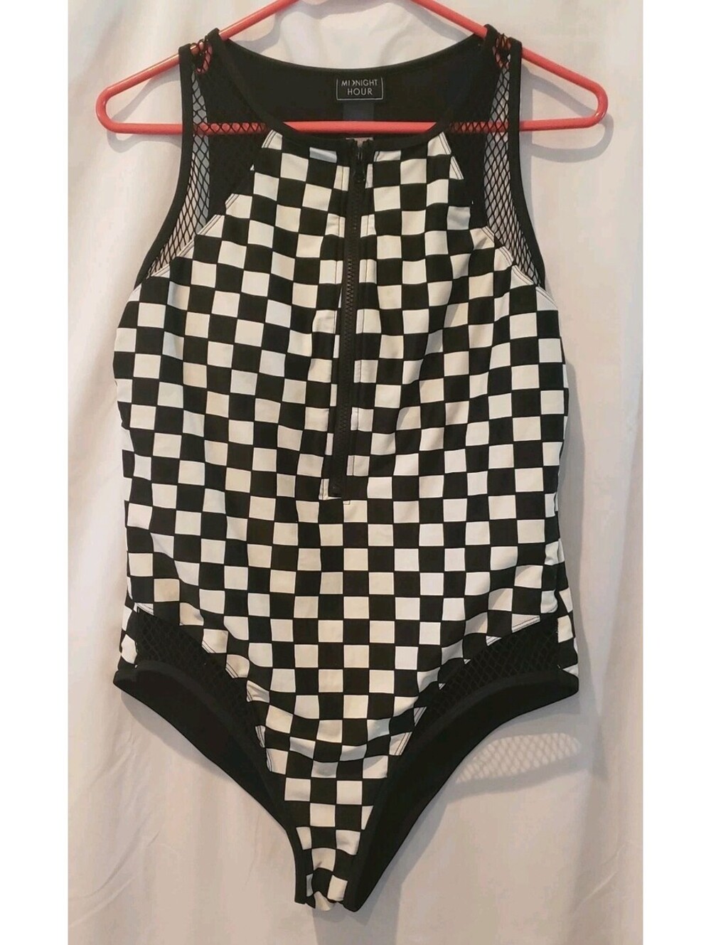 Midnight Hour XL Checkerboard One Piece Swimsuit Black White Fishnet Zip Front